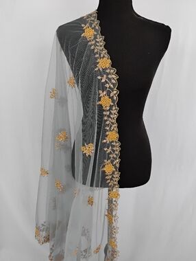 Net Gray dupatta with gold embroidered cut work with small pearls